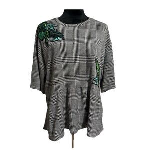 Zara Trafaluc houndstooth embroidered top, medium